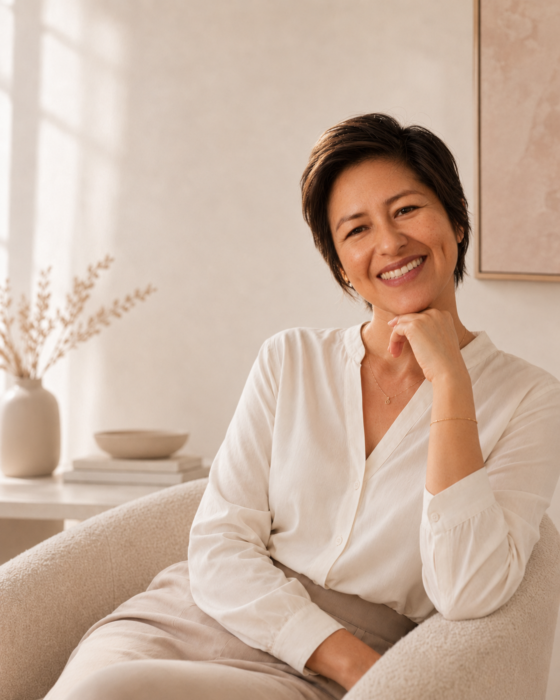 Jussara Takano sorrindo, sentada em uma poltrona clara em ambiente iluminado